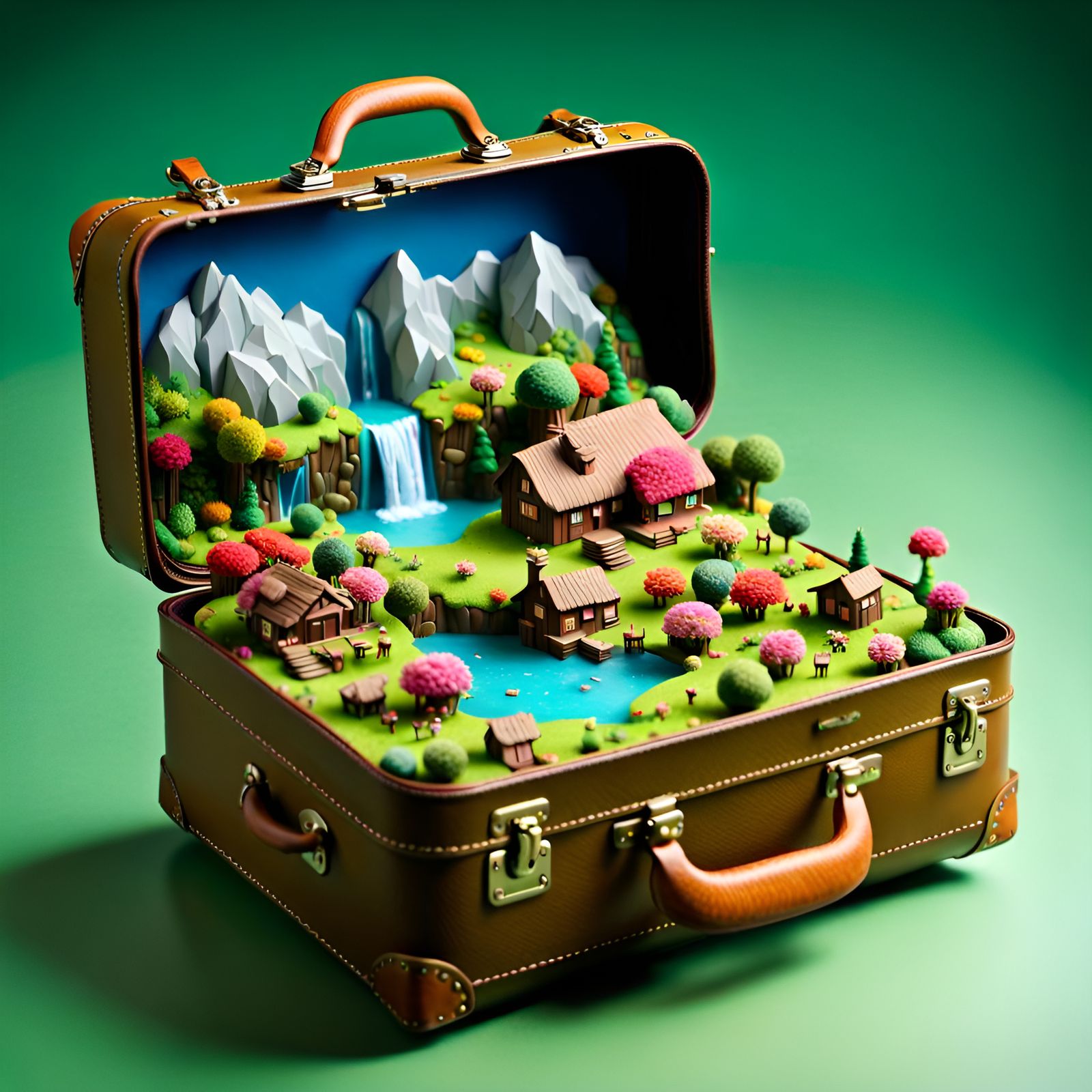 Miniature World Inside an Open Suitcase