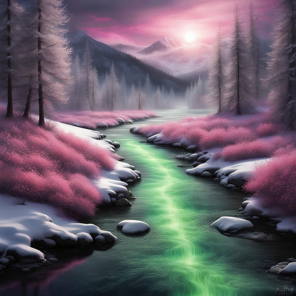 Ethereal Glowing River in Spring: Opalescent Matte Painting
