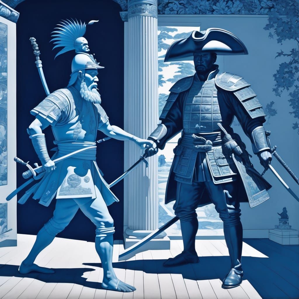 Surreal Blue Monochrome Painting of Warrior Emperor vs Pirat...