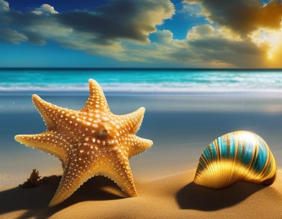 Golden Seashell and Starfish on Ocean Beach