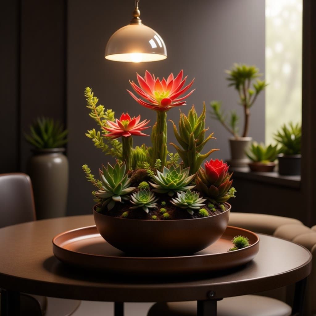 Venus Flytrap Emitting Soft Red Glow in Hotel Room