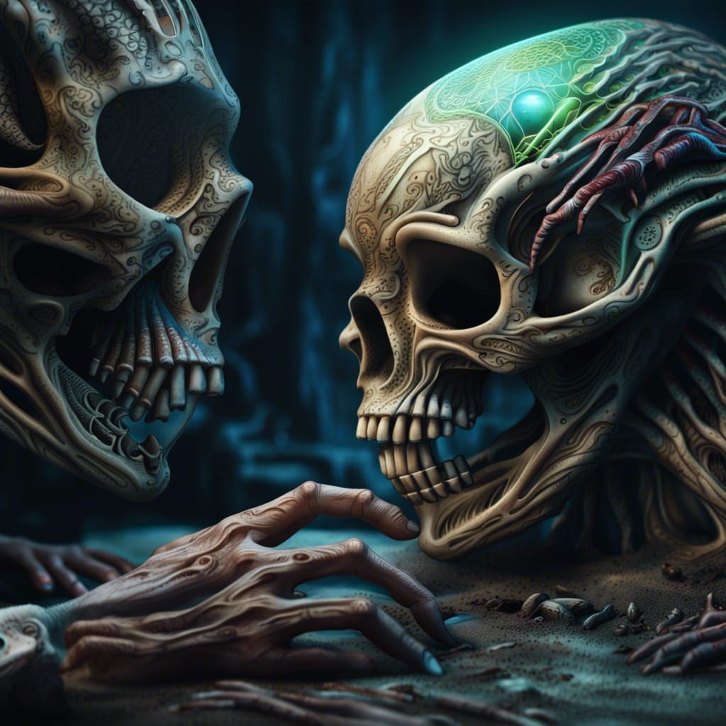 Alien Hands Unearthing Ancient Skull in Hyperreal Detail