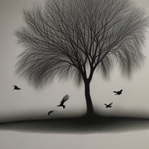 Willow Tree with Birds, Charcoal Drawing