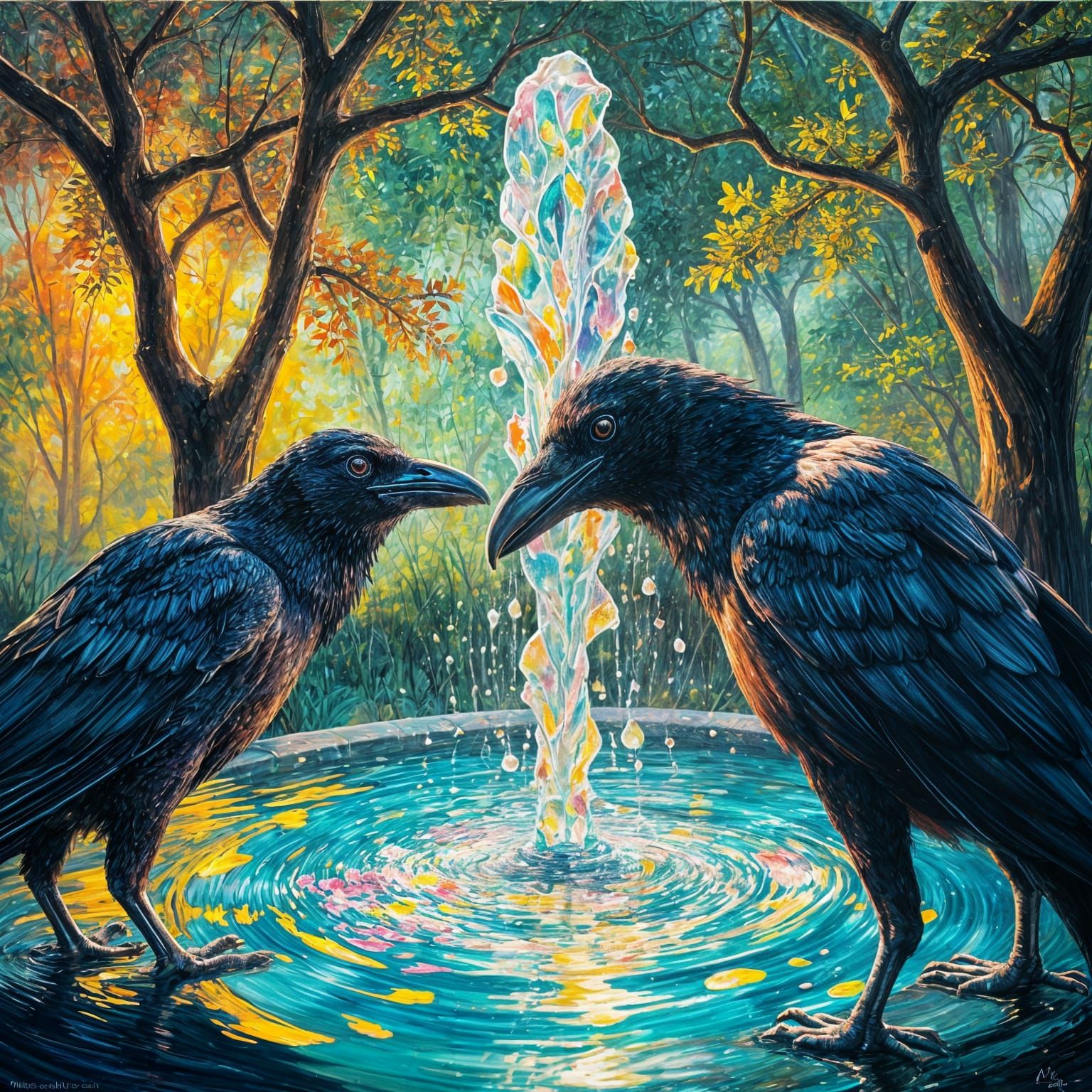 Bioluminescent Raven Fountain in Expressionist Style
