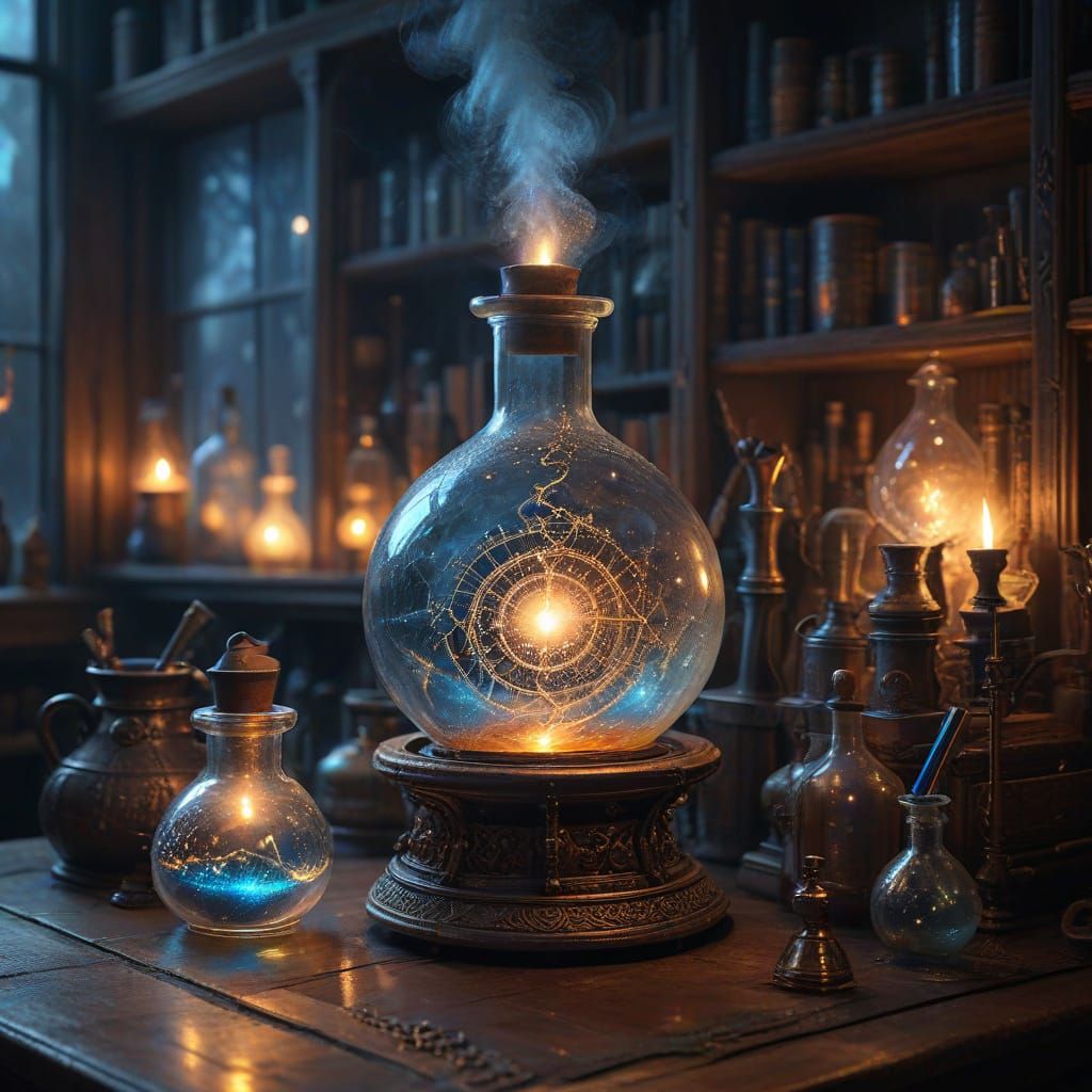 Mystical Alchemist's Alembic Glows with Inner Light