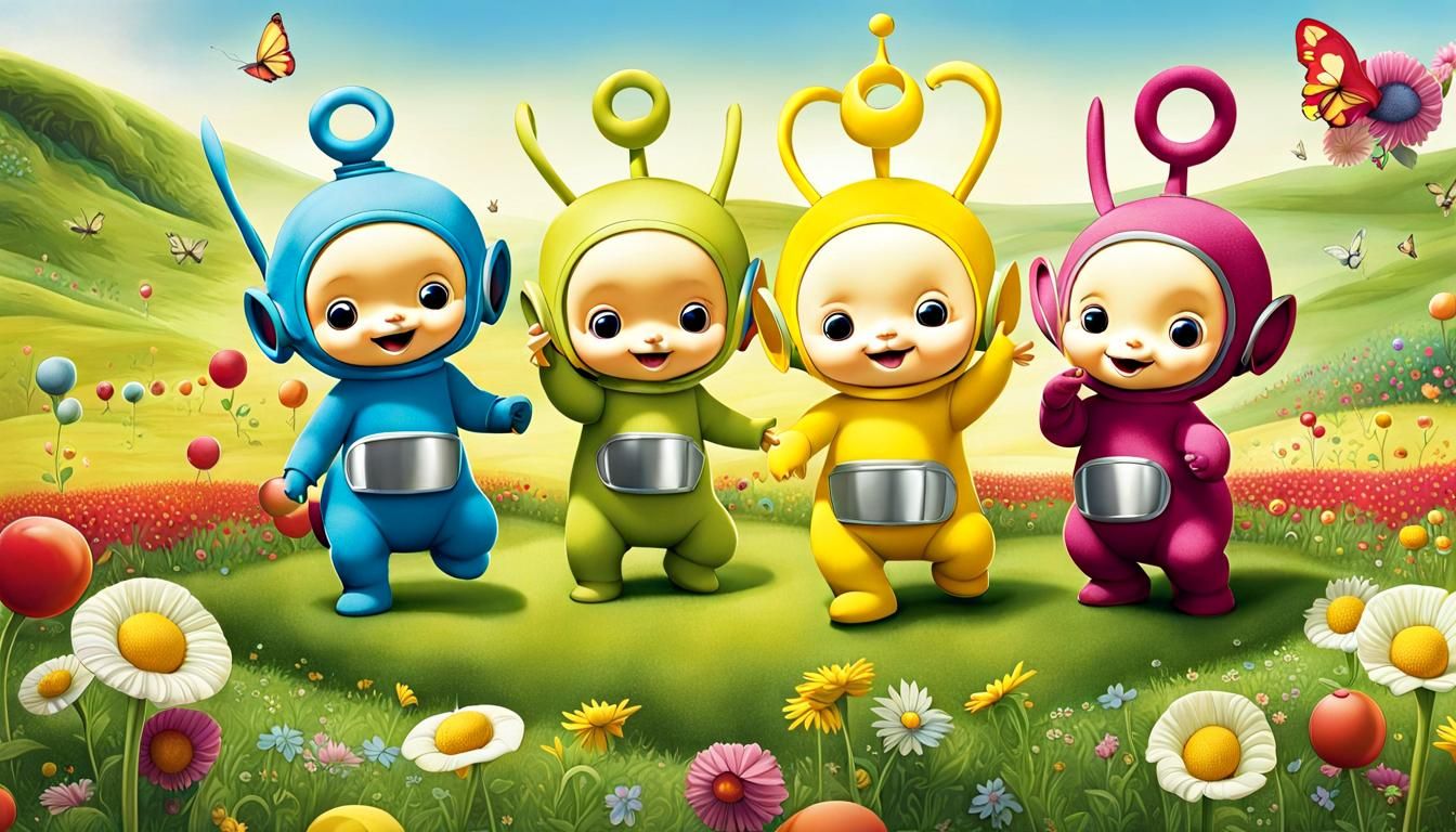 Chibi Teletubbies Playing on Meadows: Whimsical Illustration