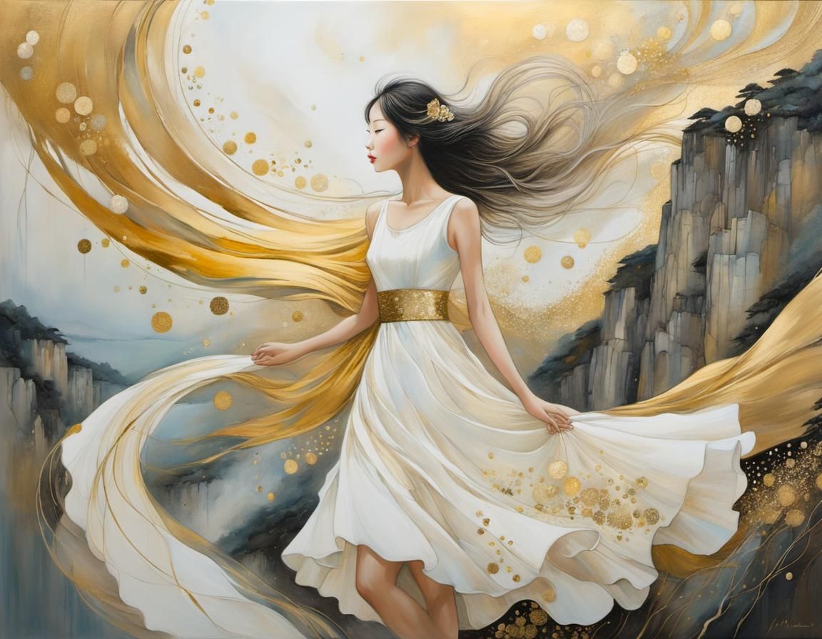 Cliffside Figure in Golden Dress: Abstract Romantic Painting