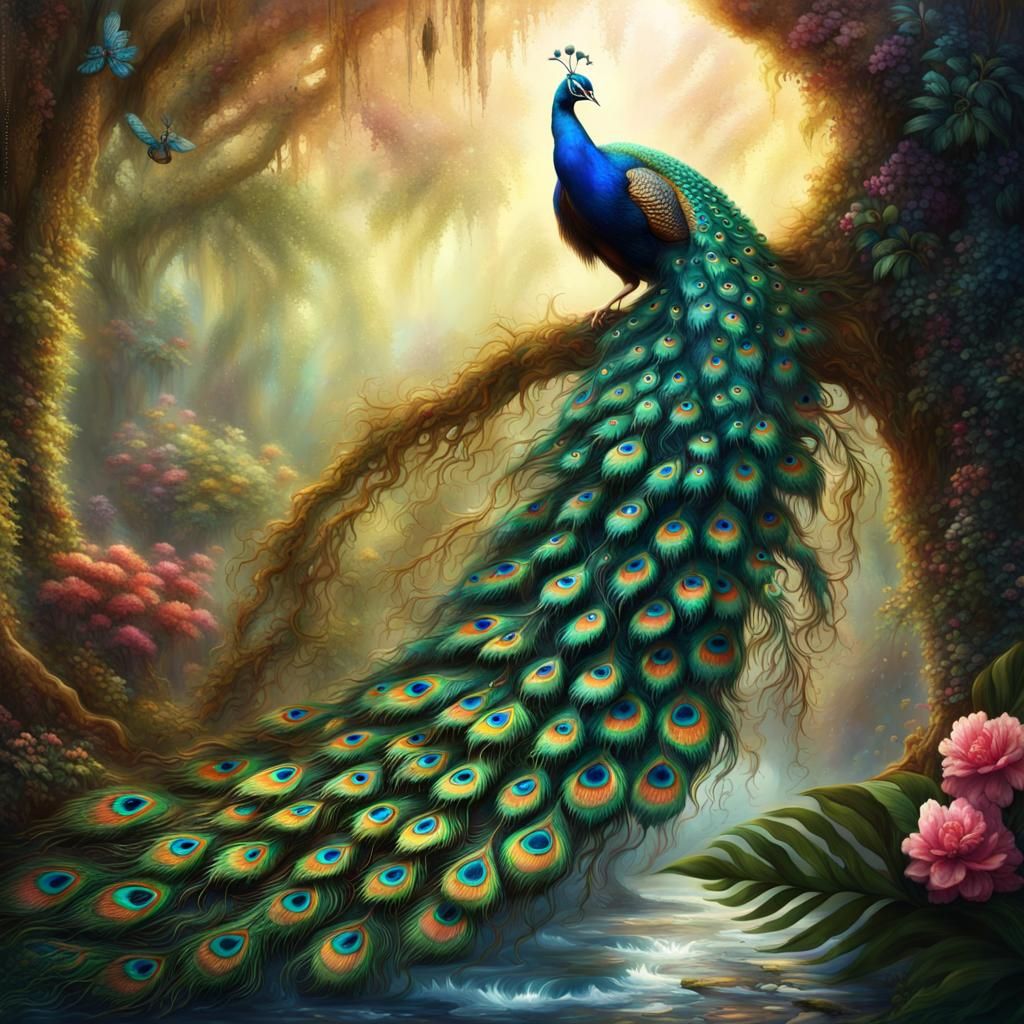 Lush Tropical Peacock Feathers in Digital Painting