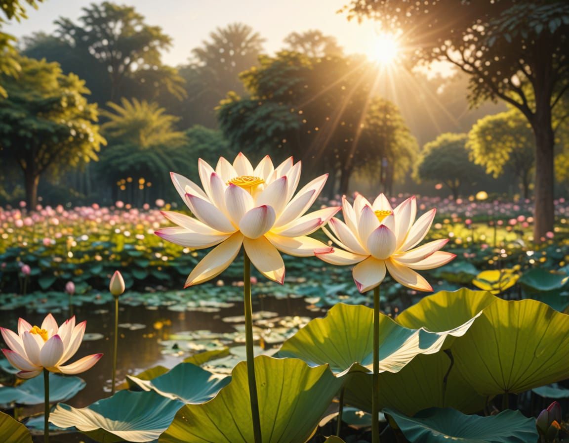 Lotus Flower in Garden: Vibrant Oil Painting