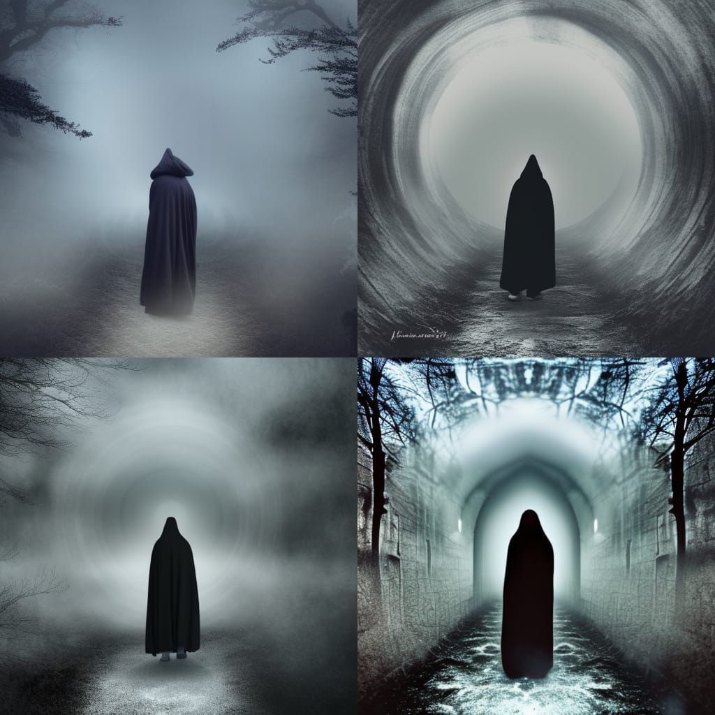 Mystical Hooded Monk in Labyrinth with Orb Lights