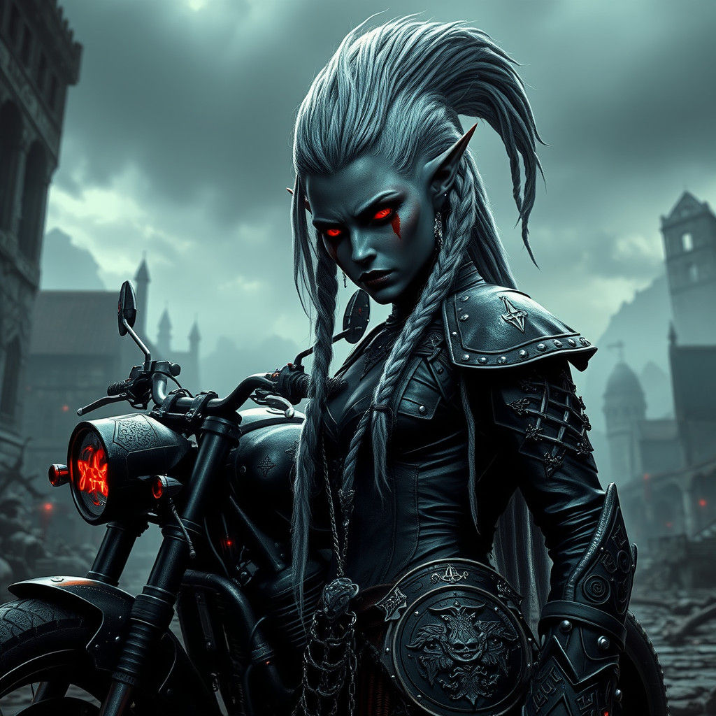 Dark Elf Warrior and Necromantic Motorcycle