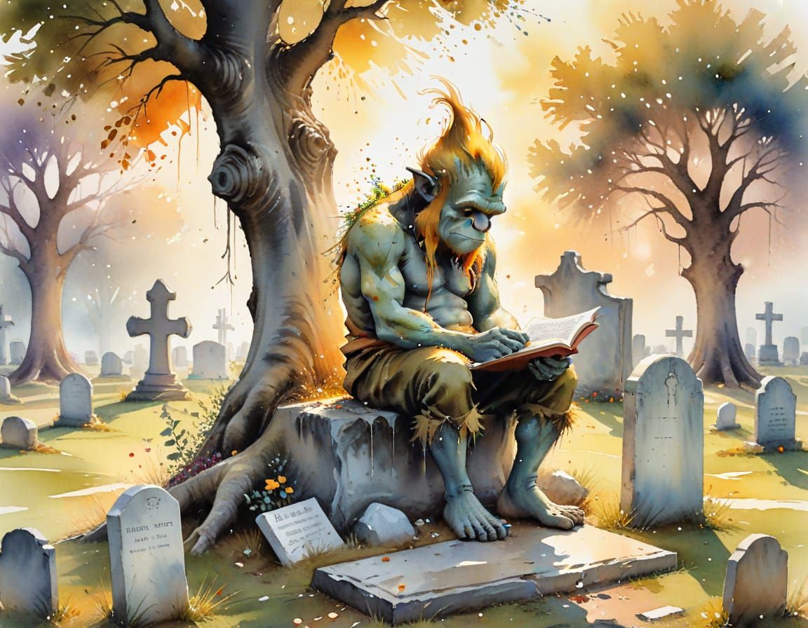 Whimsical Troll Reads in Graveyard, Watercolor