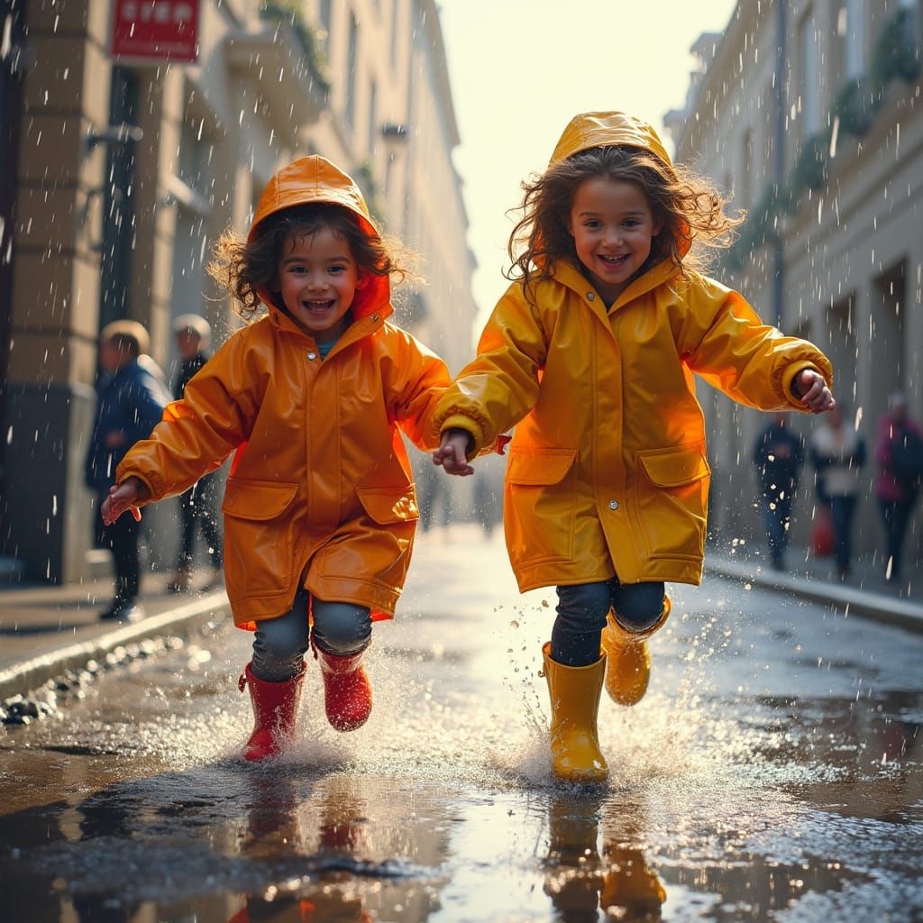Children's Joyful Puddle Jumping, Impressionist Style