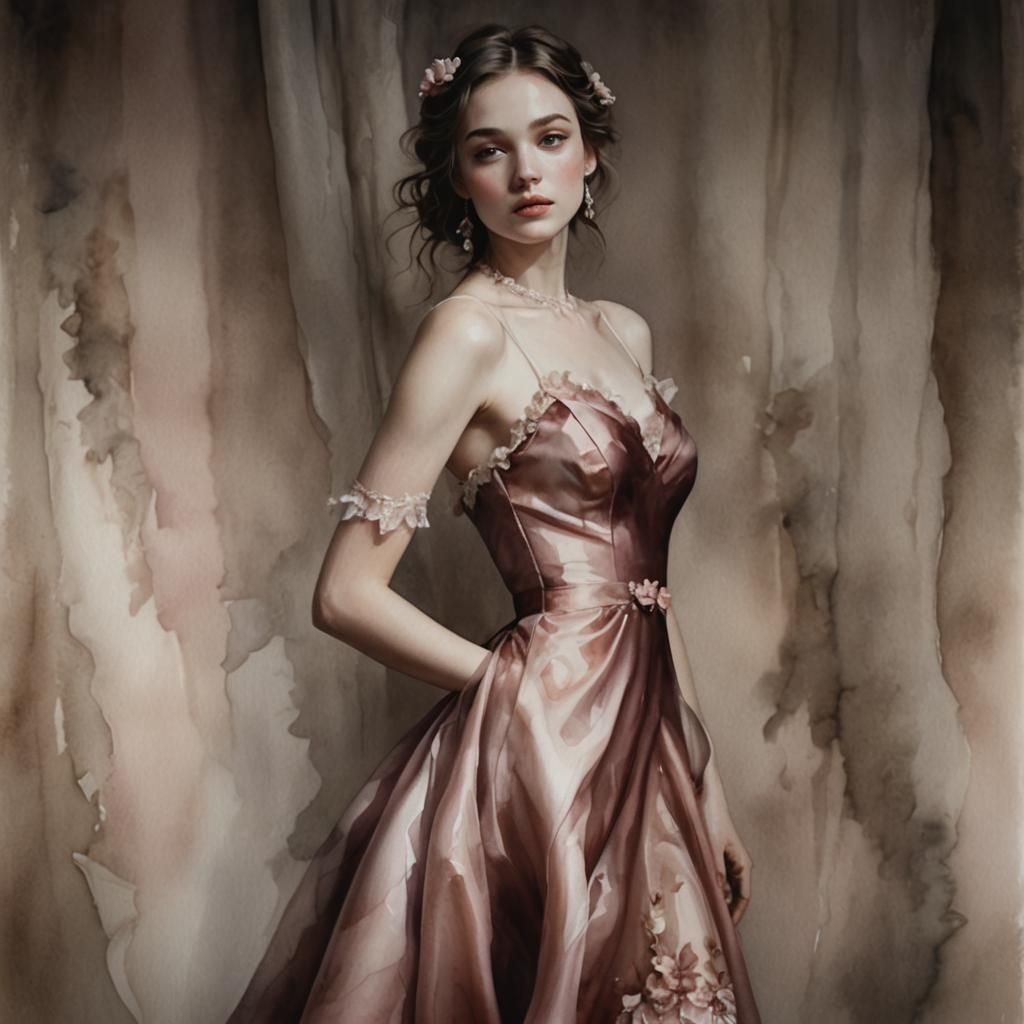 Ethereal Watercolor Fashion Illustration of Woman in Pink Dr...