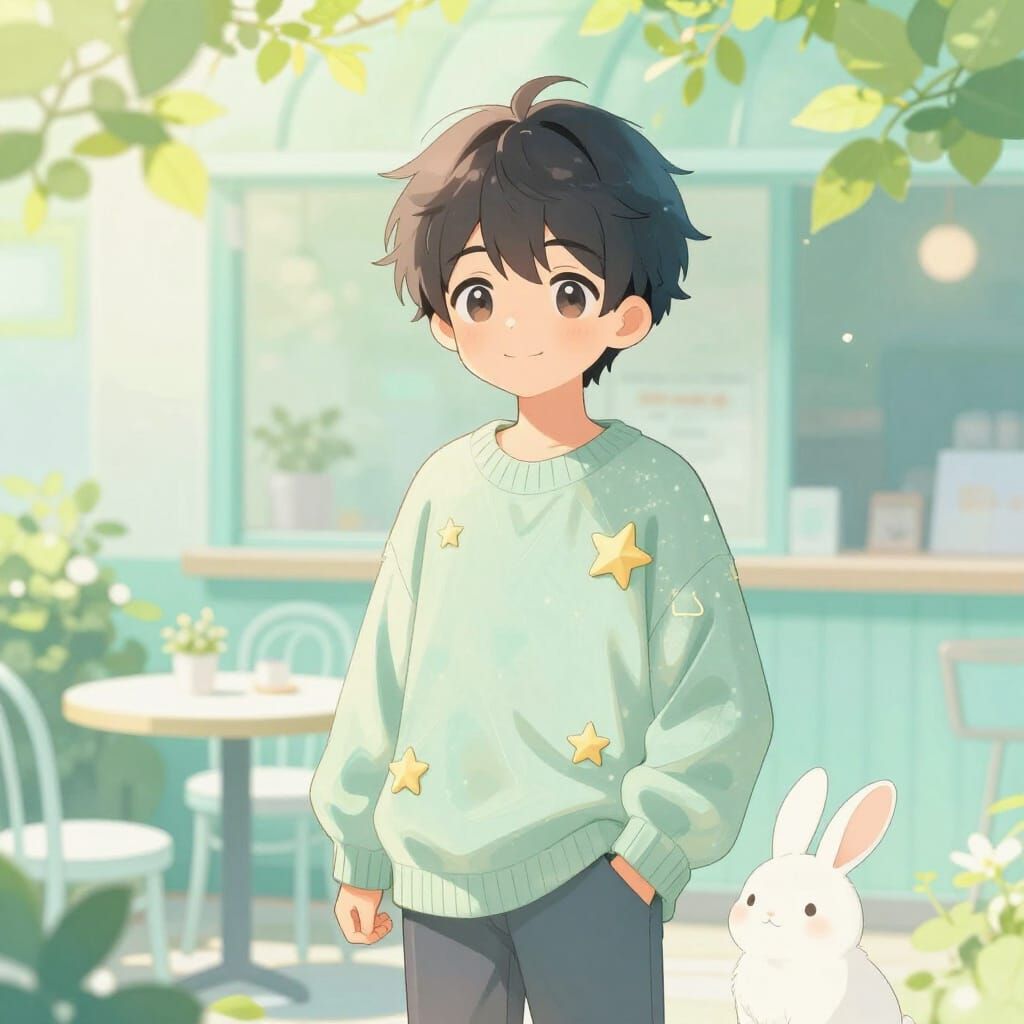 Anime Boy in Mint Garden Cafe with Bunny