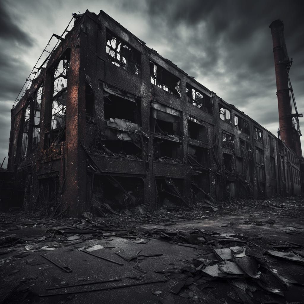 Gritty Abandoned Factory Scene with Neon Light