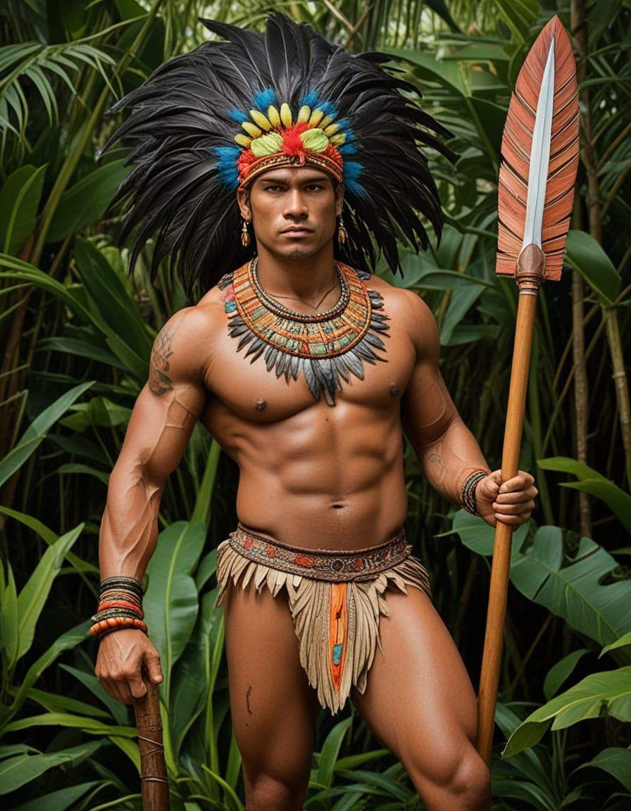 Ancient Hawaiian Warrior in Vibrant Feathers and Earthy Tone...