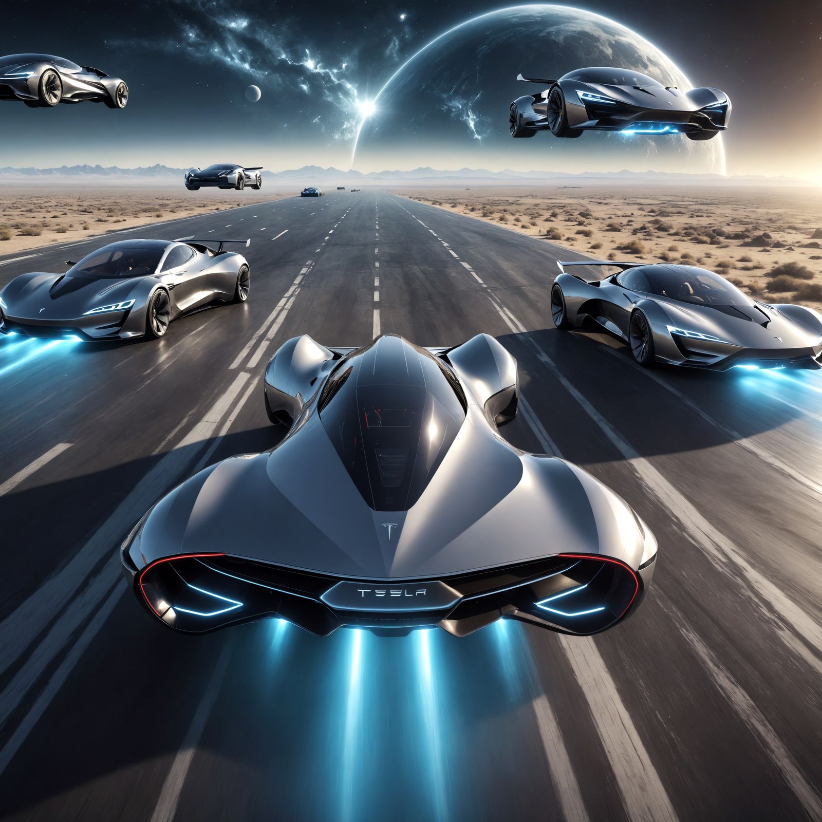 Futuristic Spaceships Soaring Across Moonscape in 8k