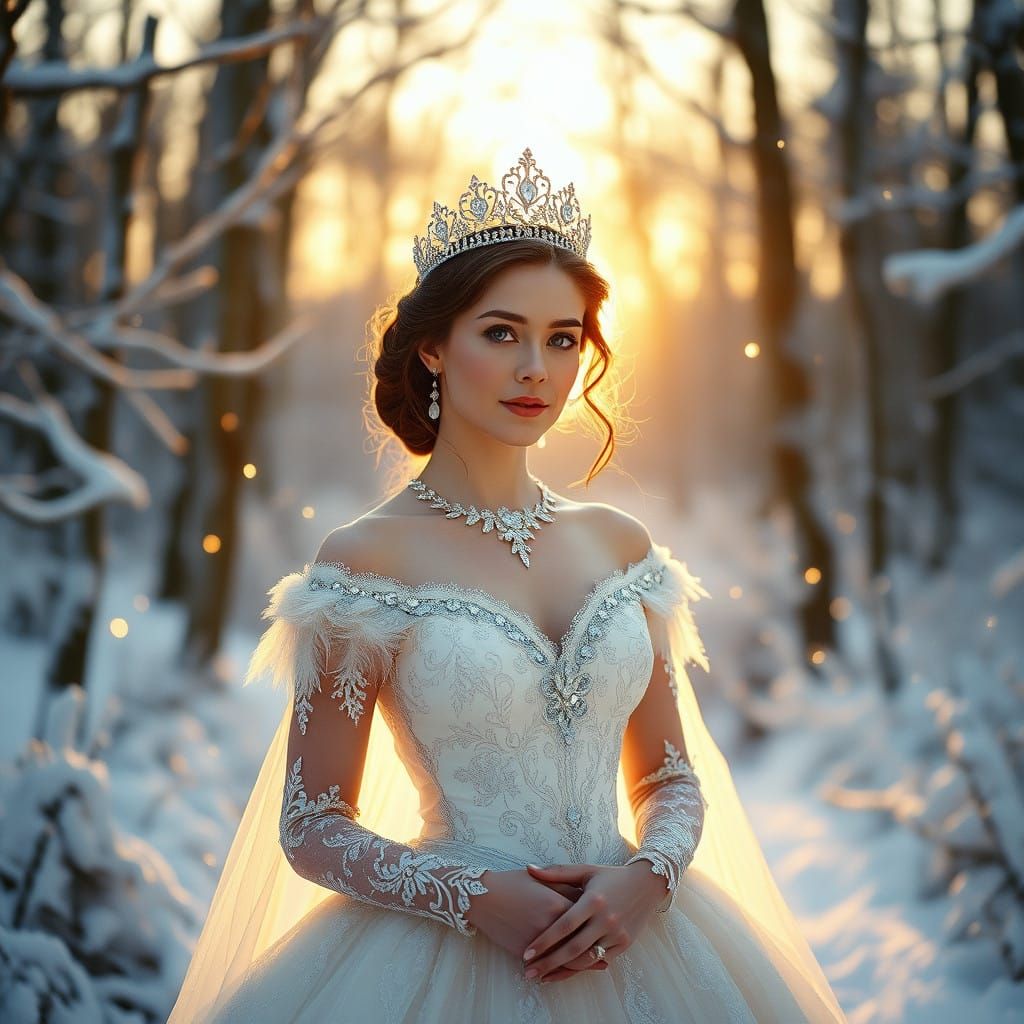 Regal Winter Princess in a Snow-White Gown