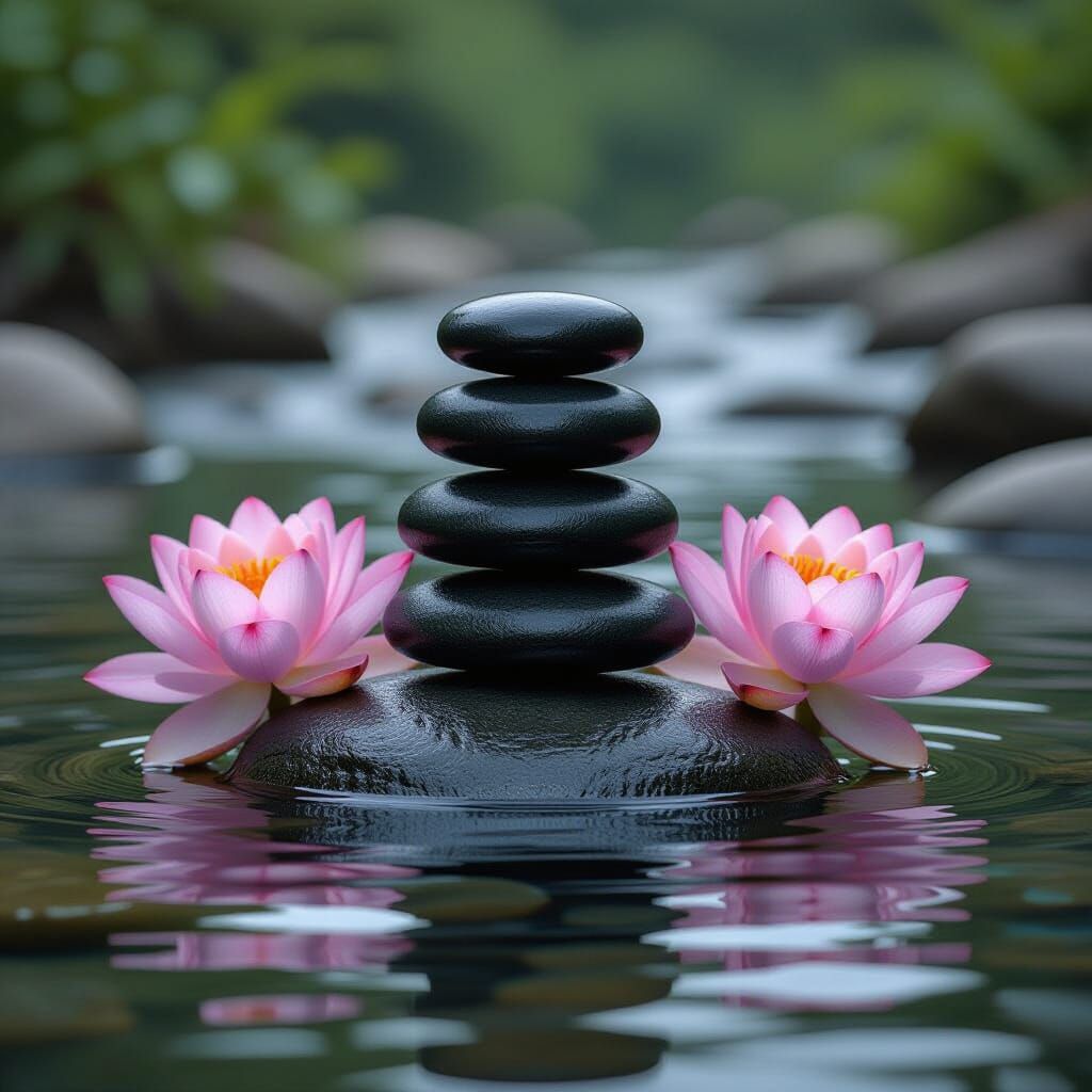 Pink Lotus Flowers and Balanced Stones in Serene Water