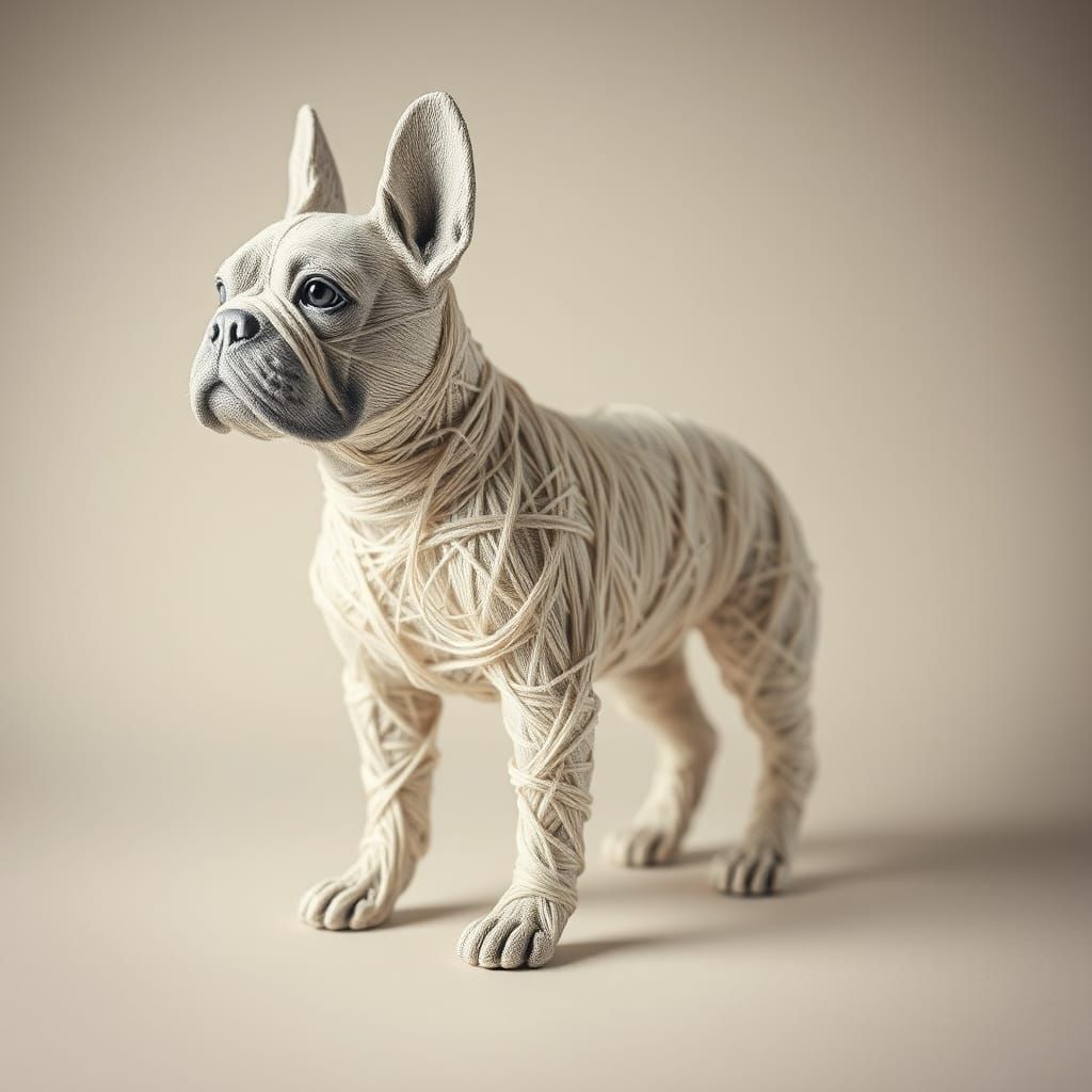 String Art French Bulldog Sculpture in Surrealist Style