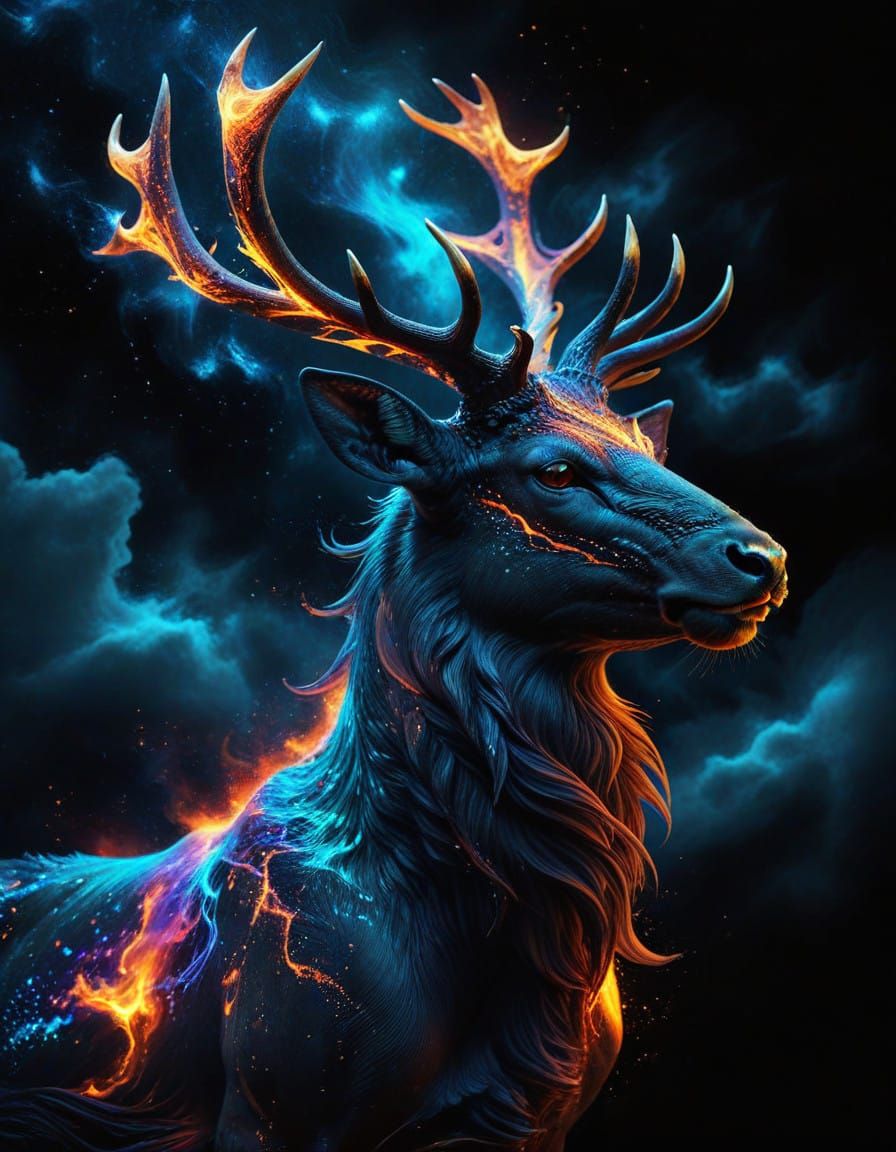 Mystical Cosmic Stag in Vibrant Night Sky