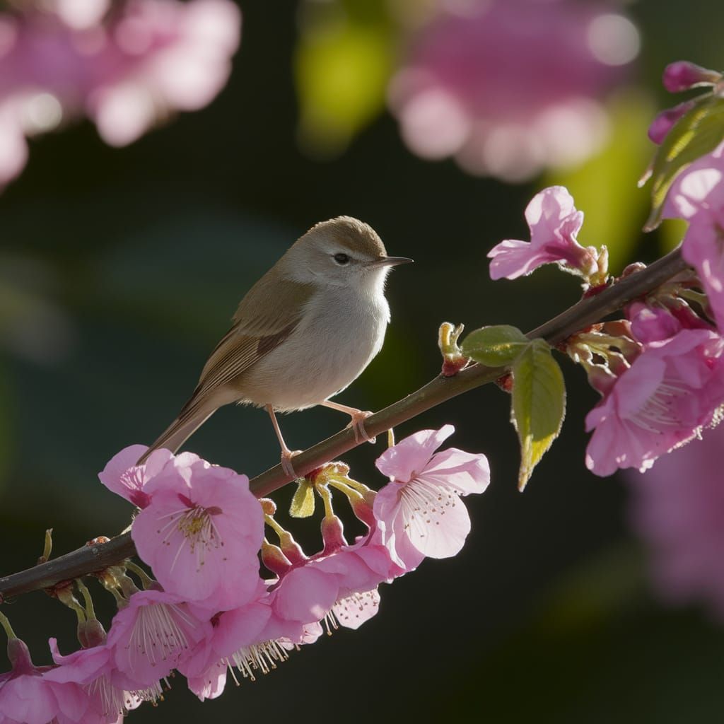 Bird with Pink Blossoms in Sunlight