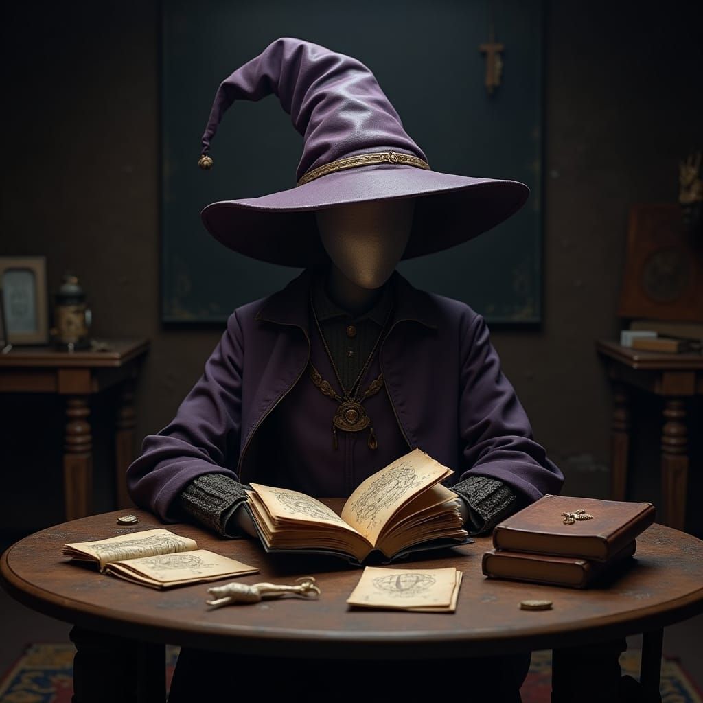 Mannequin Wizard at Table in Fantasy Art Style