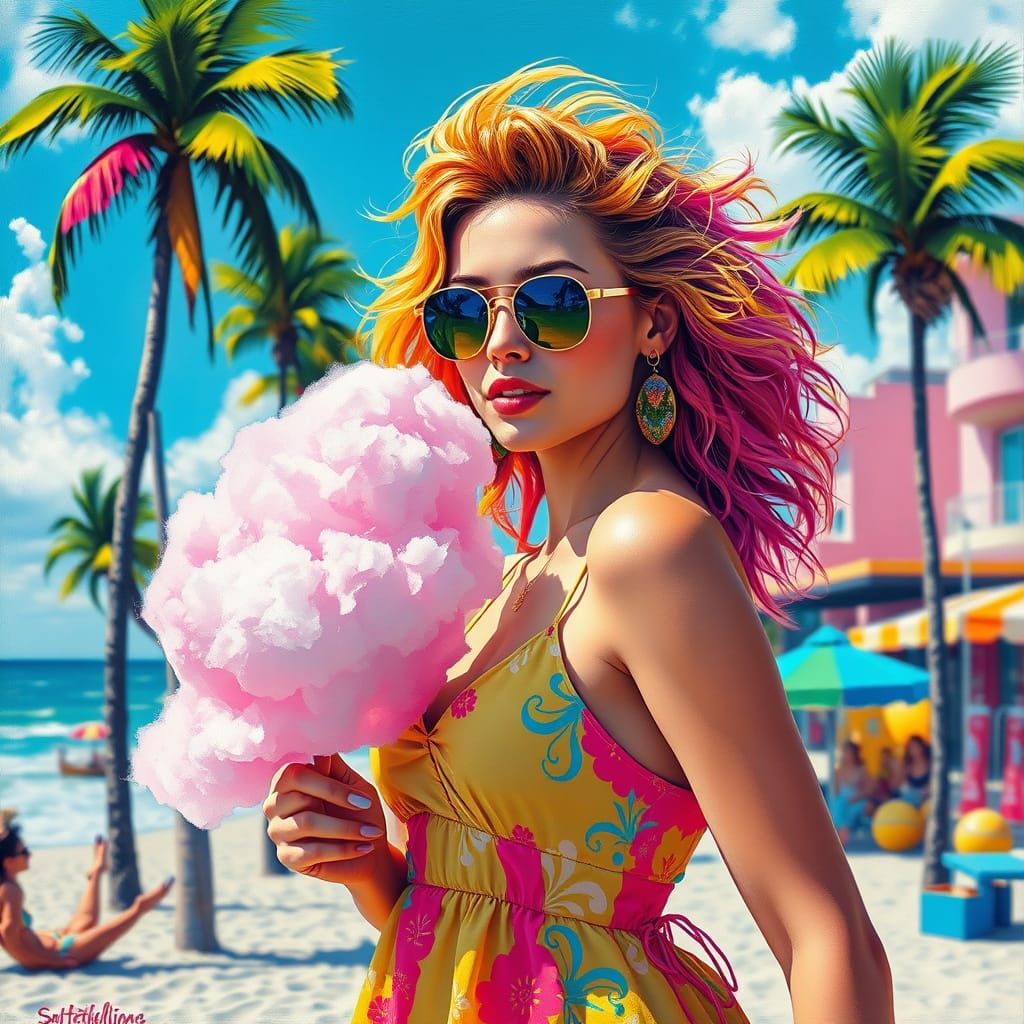 Vibrant Beach Goddess Teases Candy Floss in a Street Art Lan...