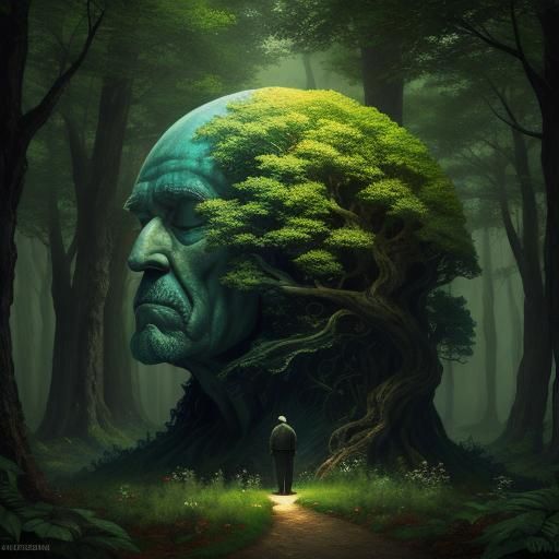 Old Man Sleeping in Forest Hands: Surreal Pointillism