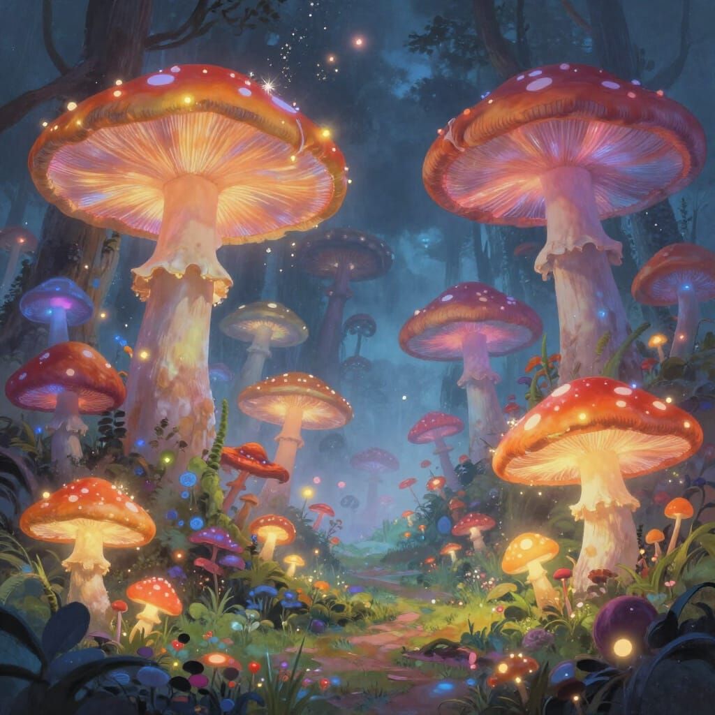 Bioluminescent Mushroom Wonderland Digital Painting