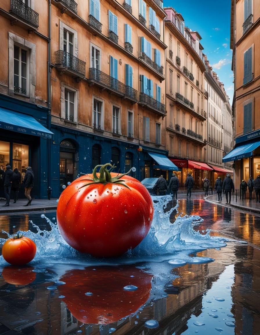 Giant Tomato in Lyon, France: Hyperrealistic Splash Art