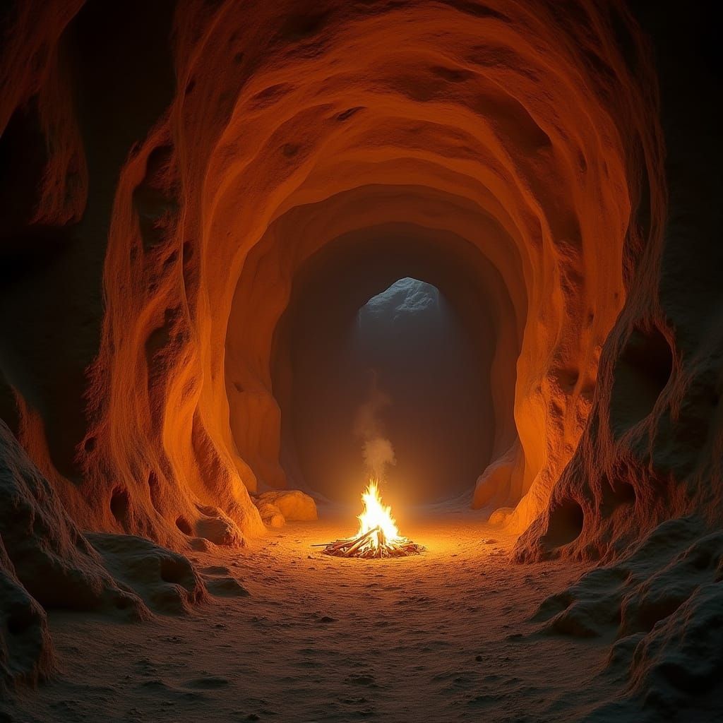 Vast Sandstone Cave with Campfire in Digital Art Style
