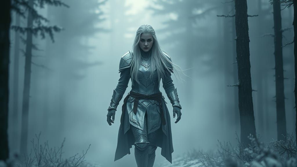 Norse Valkyrie in Frozen Forest at Dawn