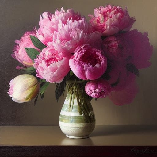 Oil Painting of Peonies in Classical Style