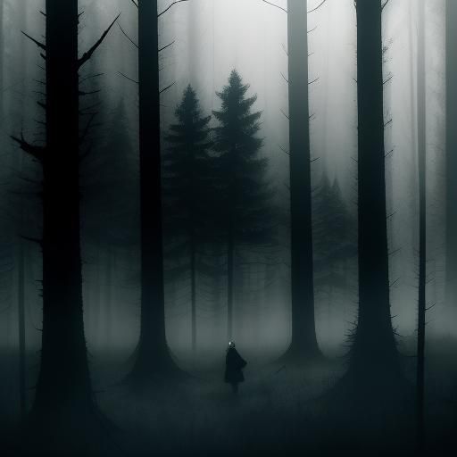 Eerie Forest Scene: Woman Pauses in Misty Woods