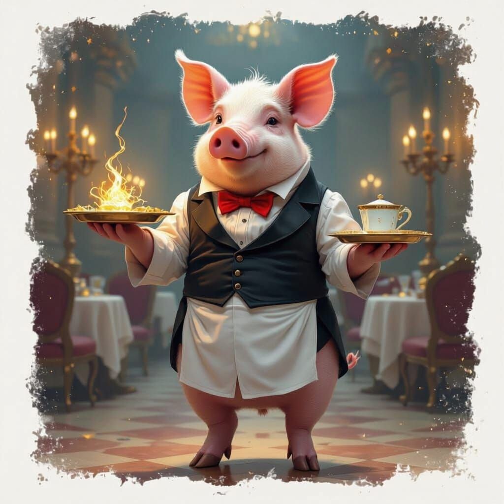 Pig Waiter in Baroque Ballroom Holding Tray