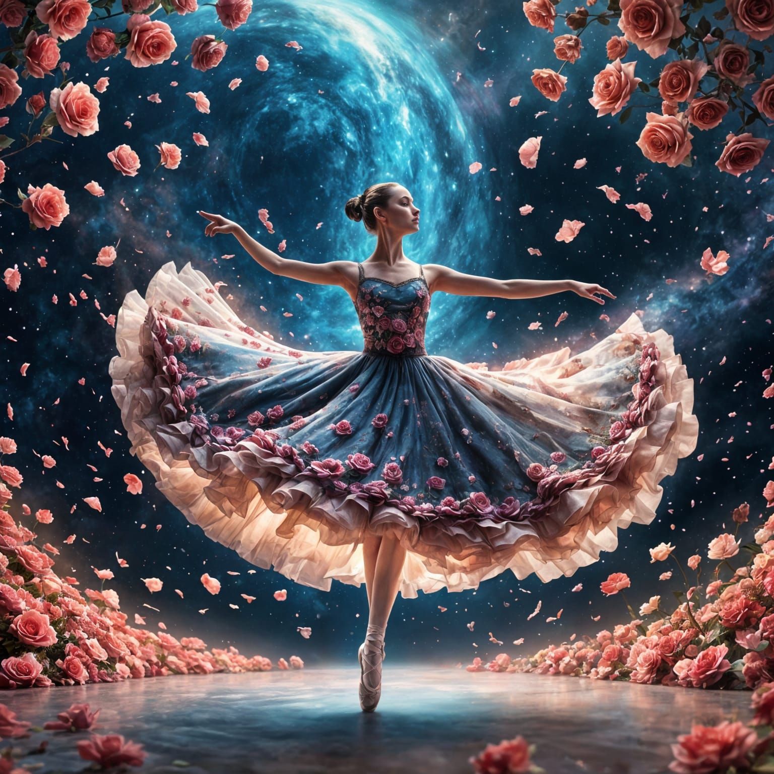 Ballerina in Rose Dress Dancing in Galaxy