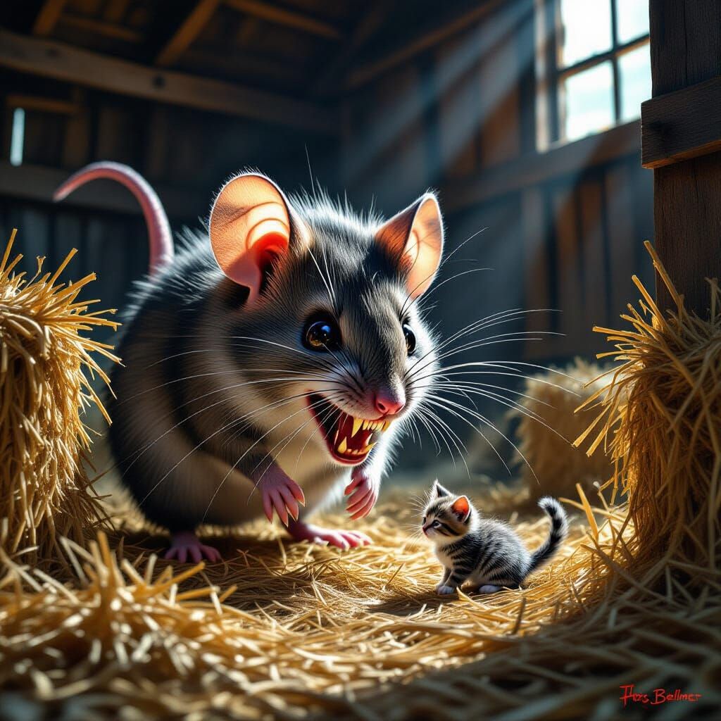 Giant Mouse Hunts Tiny Cat in Barn with Surrealist Style