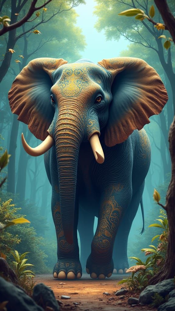 Majestic Cartoon Elephant in Mystical Forest: Fantasy Concep...