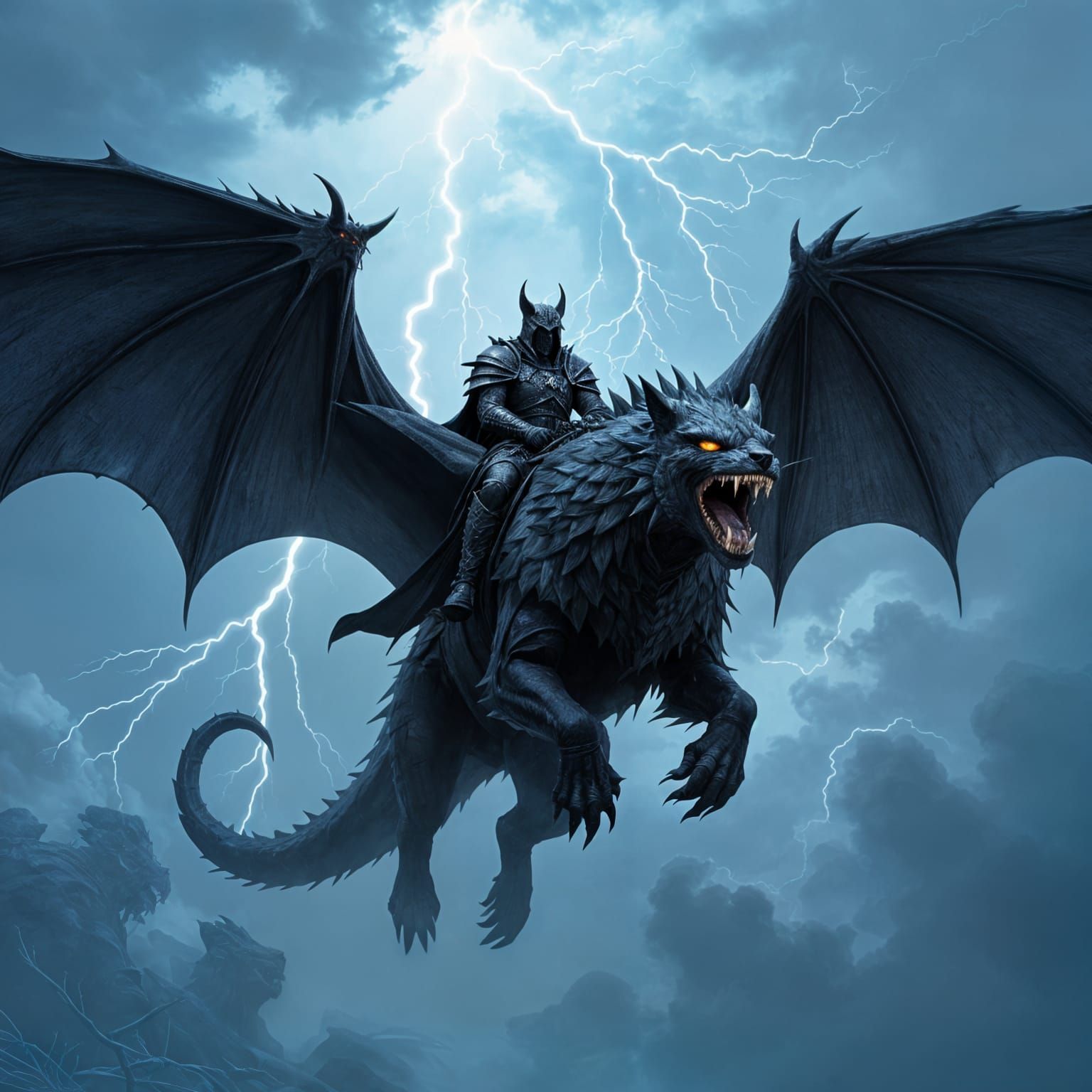 Draconic Beast with Bobcat Rider in Stormy Sky