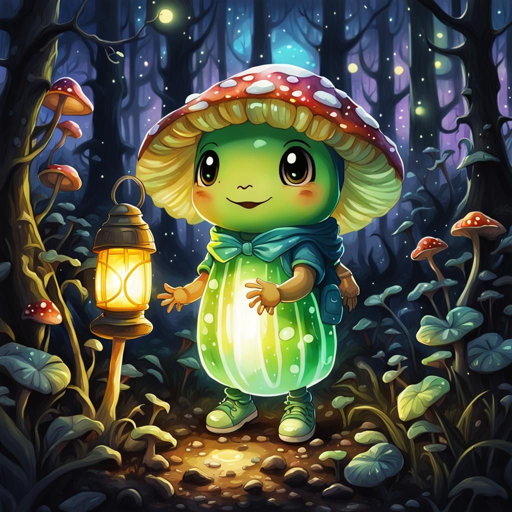 Cute Chibi Glow Worm in Mushroom Forest as Graffiti