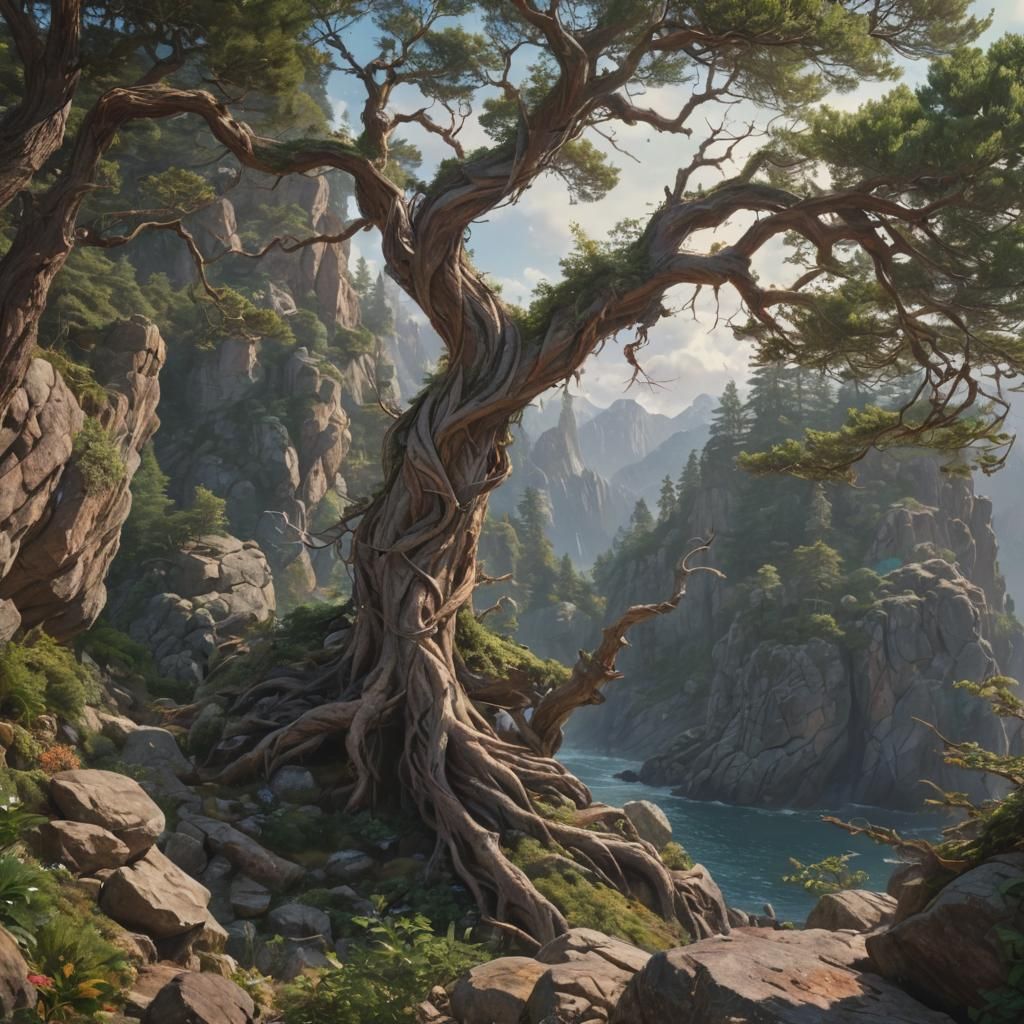 Cliffside Conifer in Fantasy Landscape Painting