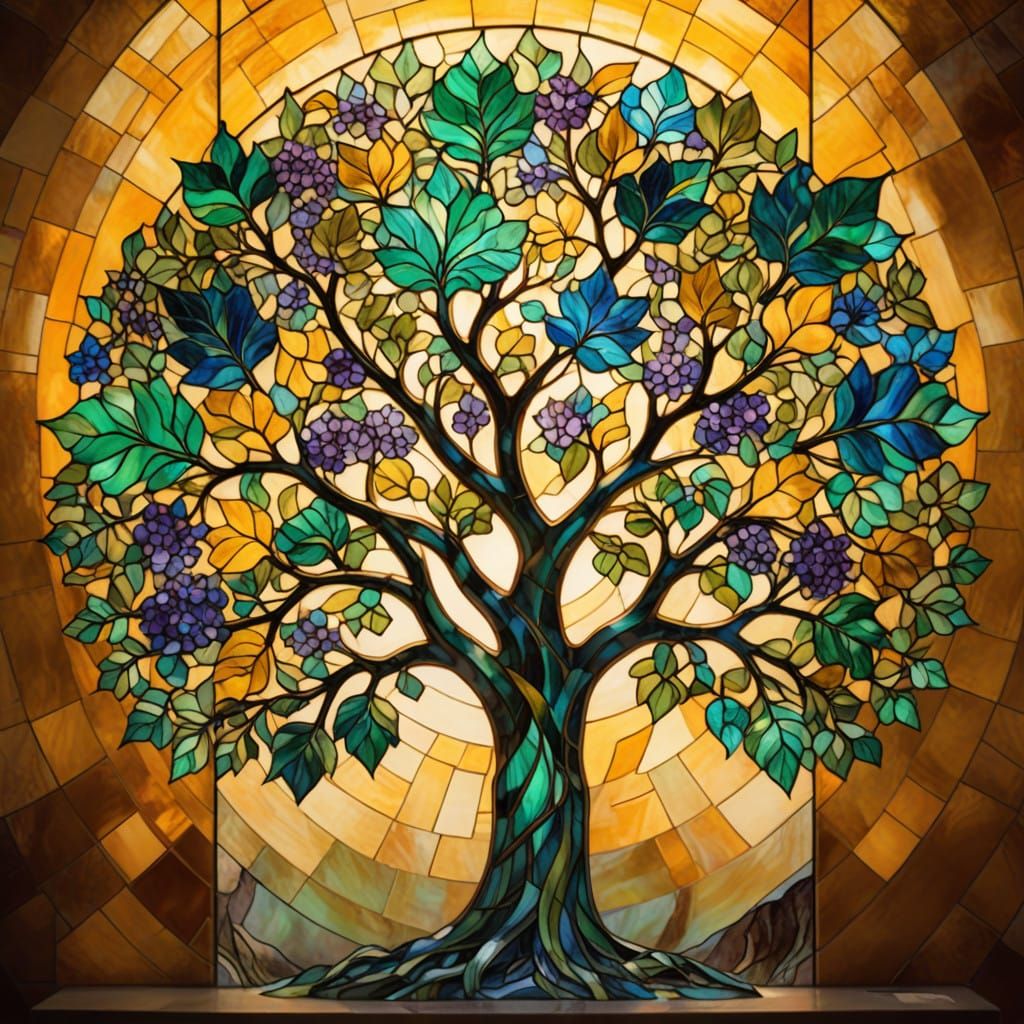 Dreamlike Stained Glass Tree in Art Nouveau Style