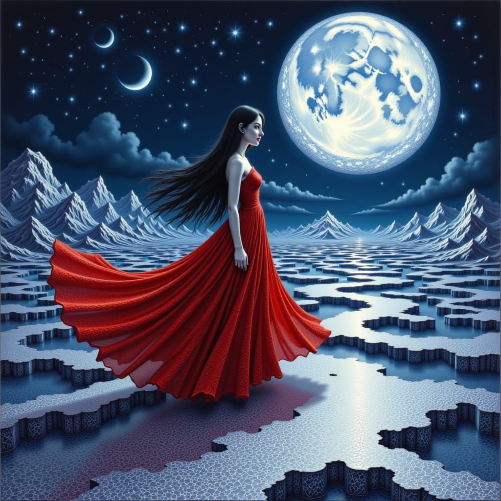 Maiden Dances on Silver Moon in Escher Style