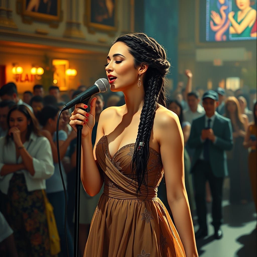 Woman Singing in a Crowd: Mucha, Klimt, Thorp Style