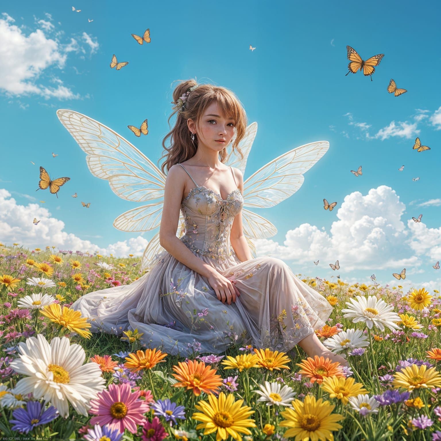 Anime Fairy in Flower Field, 3D Rendered Art