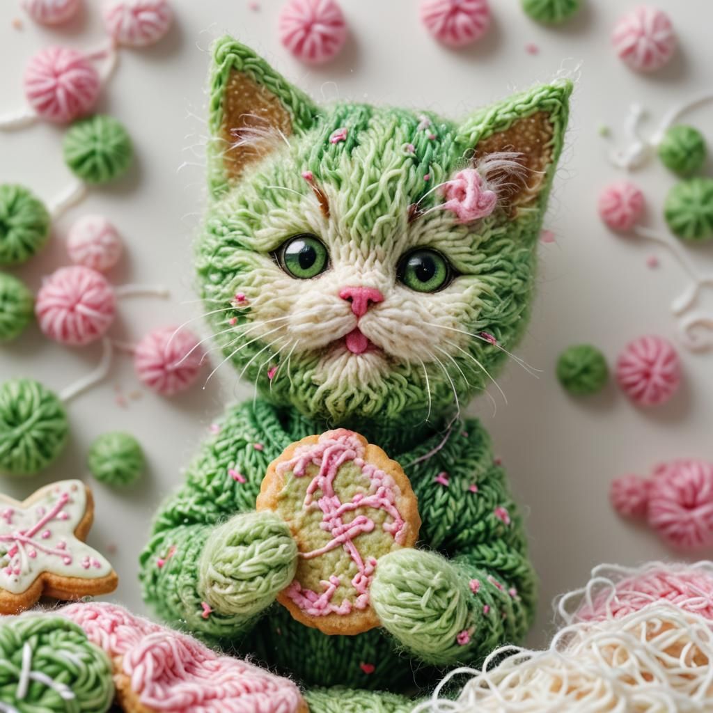 Knitted Kitten with Cookie, Macro Photography