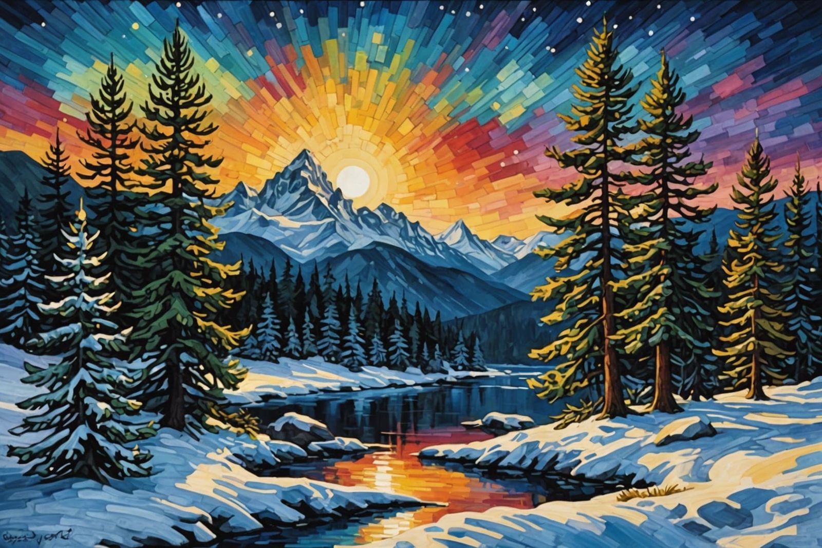 Winter Creek Scene in Gothic Watercolor Style