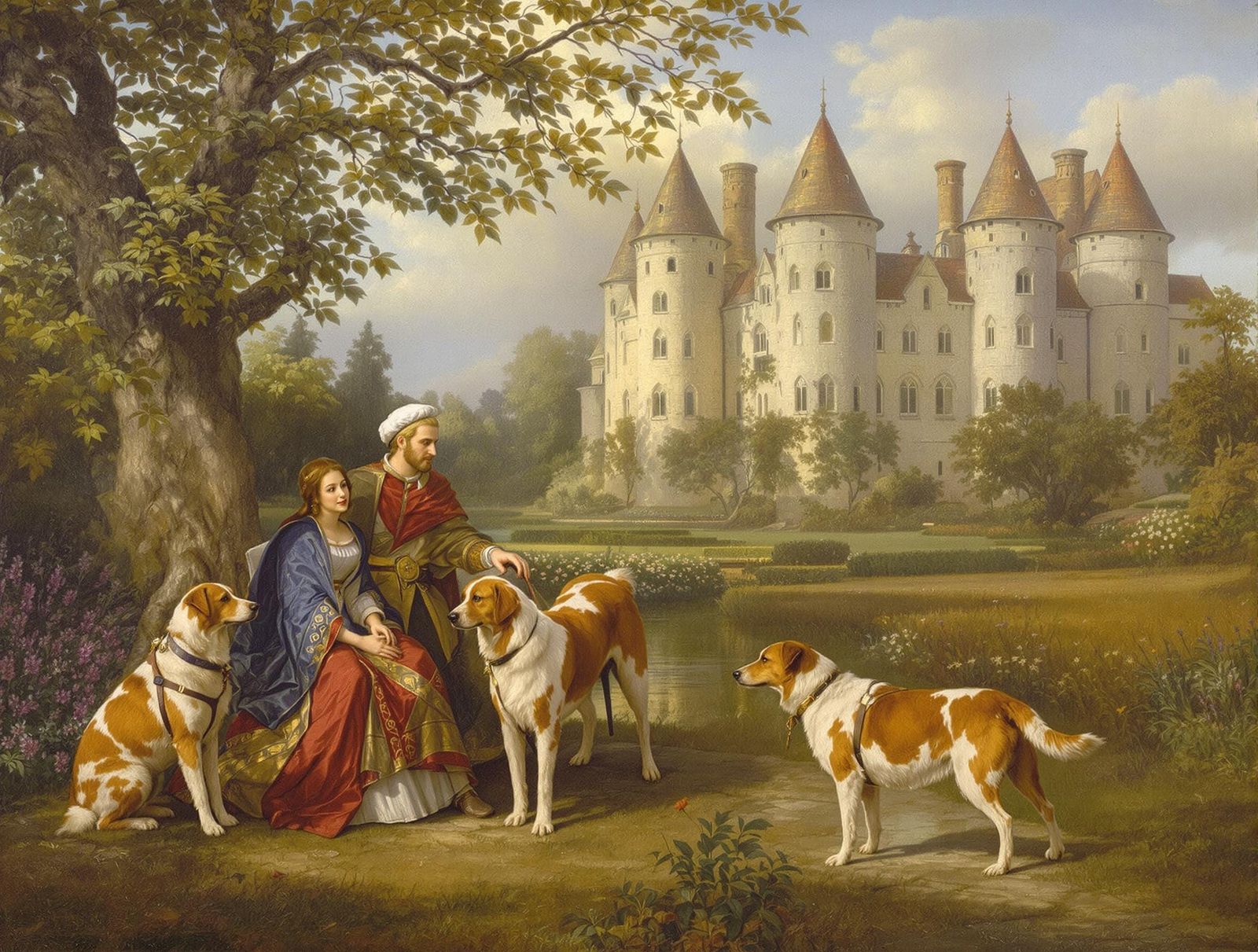 Lord and Lady in Regency Splendor with Hunting Dogs and Gard...
